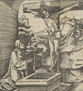 Een man die bidt voor een kruisbeeld, uit Hymmelwagen auff dem, wer wol lebt..., 1517 door Hans Schäufelein the Elder