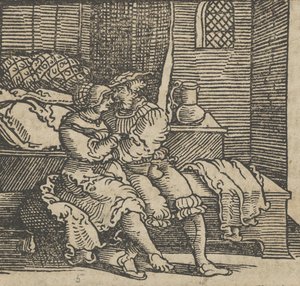 Spinneloccio opgesloten in een kist, waarop zijn vrouw en Zeppa zitten, voor 1534