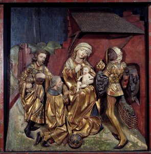 Aanbidding der Wijzen. Reliëf op gepolychromeerd verguld hout door Hans Schuechlin (1440-1505)