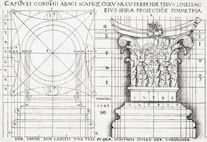Doorsnede van Korinthisch kapiteel en proportionele tekening door Hans Sebald Beham