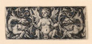 Fries met gevleugelde vrouwelijke figuur en twee groteske hanen door Hans Sebald Beham