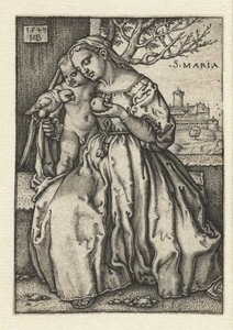 Maria met kind en papegaai en peer door Hans Sebald Beham