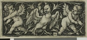 Ornament met een adelaar en twee genii, uit Vier Vignetten door Hans Sebald Beham