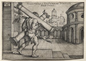 Hercules draagt de zuilen van Gades door Hans Sebald Beham