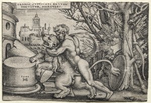 De werken van Hercules: Hercules wurgt de Nemeïsche leeuw door Hans Sebald Beham