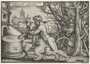 De werken van Hercules: Hercules wurgt de Nemeïsche leeuw, 1548 door Hans Sebald Beham