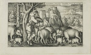 De verloren zoon met de zwijnen, plaat drie uit De geschiedenis van de verloren zoon door Hans Sebald Beham