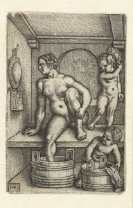 Vrouw met twee kinderen in badkamer door Hans Sebald Beham