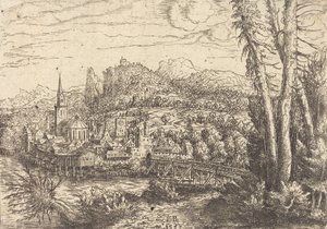 Uitzicht op een Stad nabij een Rivier door Hans Sebald Lautensack