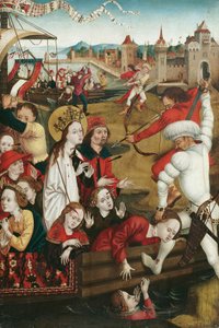 Martelaarschap van de heilige Ursula en haar metgezellen (voorkant); Onderste helft van een heiligenfiguur (achterkant)
