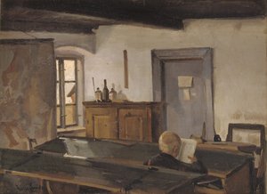Een klaslokaal met een lezende jongen door Hans Smidth