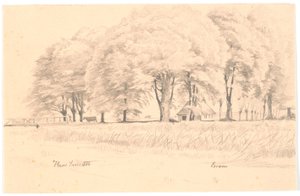 Landschap bij Esrom, op de voorgrond een beek met een brug, op de achtergrond hoge bomen en een huis door Hans Smidth