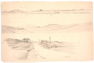 Studieblad met drie landschappen uit Jutland. Boven: landschap met ploegveld; midden: landschap met hoge heuvels; onder: landschap met huis en weg