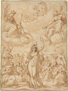 Allegorie op Minerva als hoofd van de muzen, in of voor 1575 (pen en inkt)