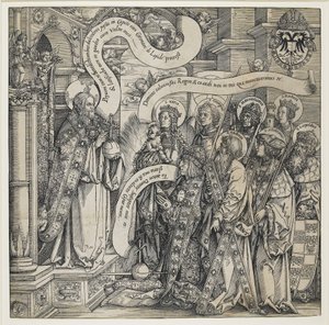 Maximiliaan gepresenteerd door zijn beschermheiligen aan de Almachtige, 1519 door Hans Springinklee