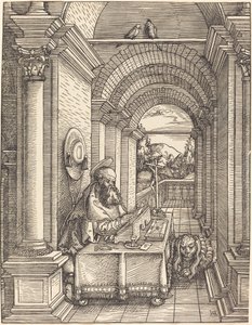 Sint Hiëronymus schrijvend door Hans Springinklee
