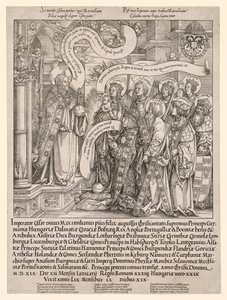 De Keizer Maximiliaan Gepresenteerd door Zijn Beschermheiligen aan de Almachtige door Hans Springinklee