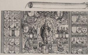 Het bovenste gedeelte van de genealogie van Maximiliaan, met de rechterrand van de rol door Hans Springinklee