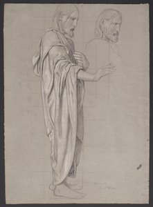 Christus met uitgestrekte rechterhand, daarnaast herhaling van het hoofd van de figuur door Hans Thoma