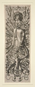 Een blad uit een set van 16 paneeldecoraties en friezen met trofeeën door Hans Vredeman de Vries