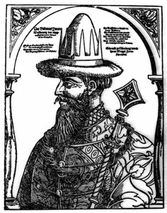 Portret van Ivan IV de Verschrikkelijke (1533 - 1584), Russische tsaar. Xylografie door Hans Weygel. door Hans Weigel