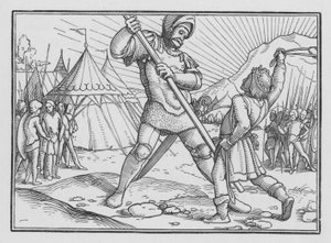 David doodt Goliath, 1 Samuel XVII, 49 door Hans after Holbein the Younger