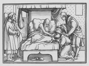 Jakob zegent Jozef en zijn twee zonen, Genesis XLVIII, 14 door Hans after Holbein the Younger