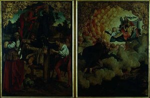 Verhalen van S.S. Petrus en Paulus altaarstuk: detail met LtoR Kruisiging van St. Petrus, St. Paulus die naar de Hemel Opstijgt door Hans von Klumbach