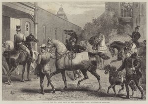 Aankomsten voor de paardenshow in de Agricultural Hall, Islington
