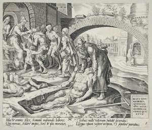 Zalig zijn de barmhartigen. Tobit begraaft de doden, kleedt de naakten en voedt de hongerigen door Harmen Jansz. Muller