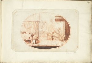 Keukeninterieur met twee vrouwen en een kat, in ovaal door Harmen ter Borch