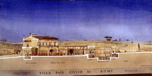 Uitzicht op de zuilengalerij en tuin van de Villa di Papa Giulio in Rome