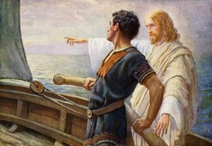 Zonsopgang van het leven, Christus aan het roer door Harold Copping