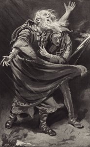 Op een heide, blootgesteld aan de woede van de storm in een donkere nacht, dwaalde koning Lear rond door Harold Copping