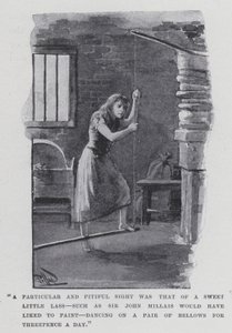 "Een bijzonder en meelijwekkend gezicht was dat van een lief klein meisje, zoals Sir John Millais graag zou hebben geschilderd, dansend op een paar blaasbalgen voor driepence per dag" door Harold Hume Piffard