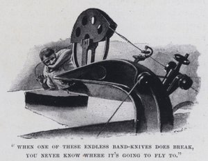 "Wanneer een van deze eindeloze bandmessen breekt, weet je nooit waar het heen zal vliegen" door Harold Hume Piffard