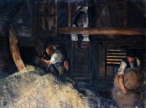 Arbeiders: Werkers die hop in zakken doen door Harold Oakley