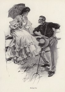 Een boer pauzeert in zijn werk om te flirten met een jonge vrouw
