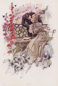 Man die een vrouw kust in een tuin (kleur litho) door Harrison Fisher