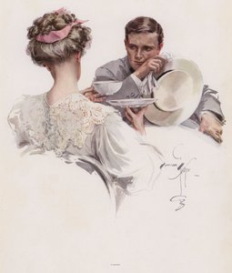 Man die wacht tot een vrouw hem een geheim toevertrouwt (kleur litho) door Harrison Fisher