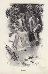 Romantisch stel dat een pauze neemt van hun golfspel (litho) door Harrison Fisher