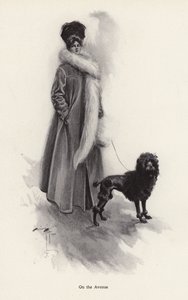 Vrouw in een lange jas met een poedel door Harrison Fisher