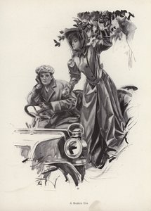 Vrouw die appels plukt vanuit een auto (litho)