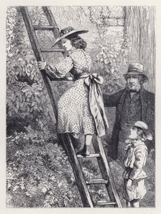 Harriet gluurt naar het nest van de roodborstjes (gravure) door Harrison William Weir