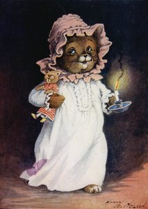 Kat in nachthemd, met een kaars en teddy kat, naar bed gaan
