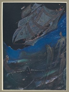 Een illustratie van een schip op zee, en vissen eronder. door Harry Clarke
