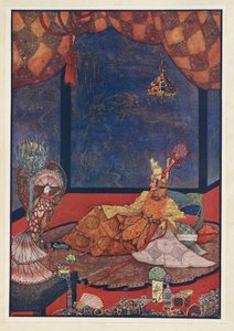 De Nachtegaal. De kunstvogel had zijn plaats op een zijden kussen dicht bij het bed van de Keizer. door Harry Clarke
