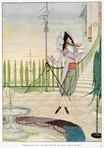 Deze man had het ongeluk een Blauwe Baard te hebben. Blauwbaard streelt zijn baard. door Harry Clarke