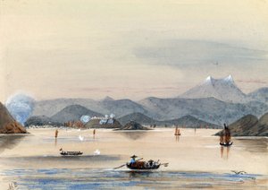De HMS Tribune vindt zijn weg op de Chuenpee-rivier in Canton (China), met roeiboten en Chinese jonken