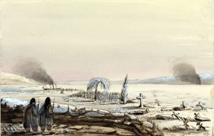 De begraafplaats in Kinburn (Oekraïne, Rusland) 1855. De HMS Tribune snijdt de bevroren wateren van de Dnjepr af. Schilderij door Vice-admiraal Harry Edmund Edgell, 1855.